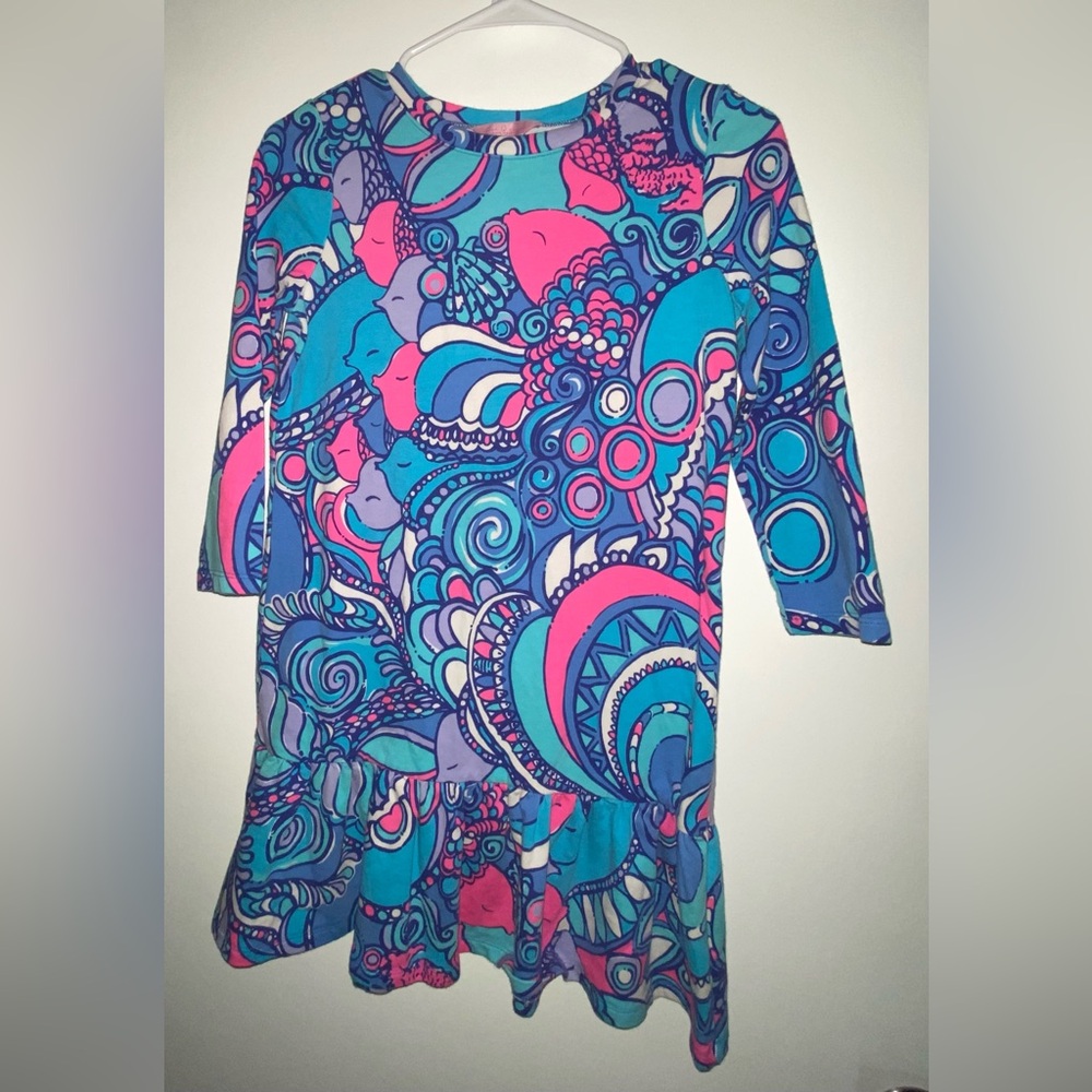 Lilly Pulitzer Dress Girls XL 12-14 Kim Ruffle Fish Blue Pink Sea Jewels Preppy